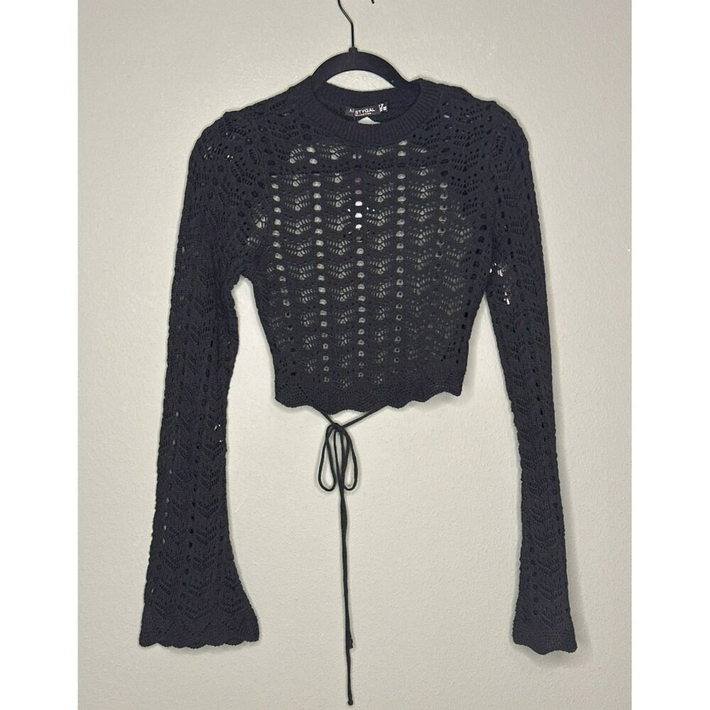 NastyGal Crochet Knitted Open Back Tie Crop Top Black Women's 10 NWT